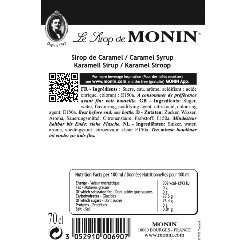 Monin Caramel siroop ingrediëntenlijst en voedingsinformatie