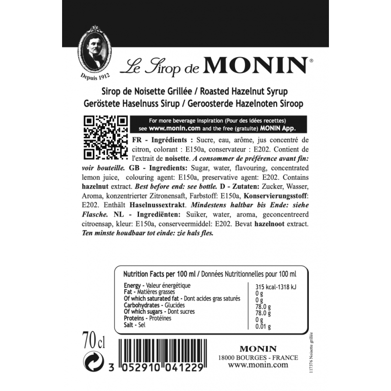 Monin Geroosterde Hazelnoot siroop ingrediënten etiket - Natuurlijke aroma's zonder kunstmatige kleurstoffen