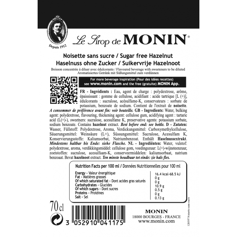 Monin SUIKERVRIJE Hazelnoot Siroop | De Koffie Thuis Winkel