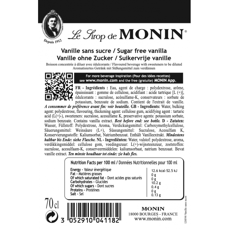 Ingrediëntenlijst van de Monin Suikervrije Vanille Siroop geschikt voor koffie en cocktails.